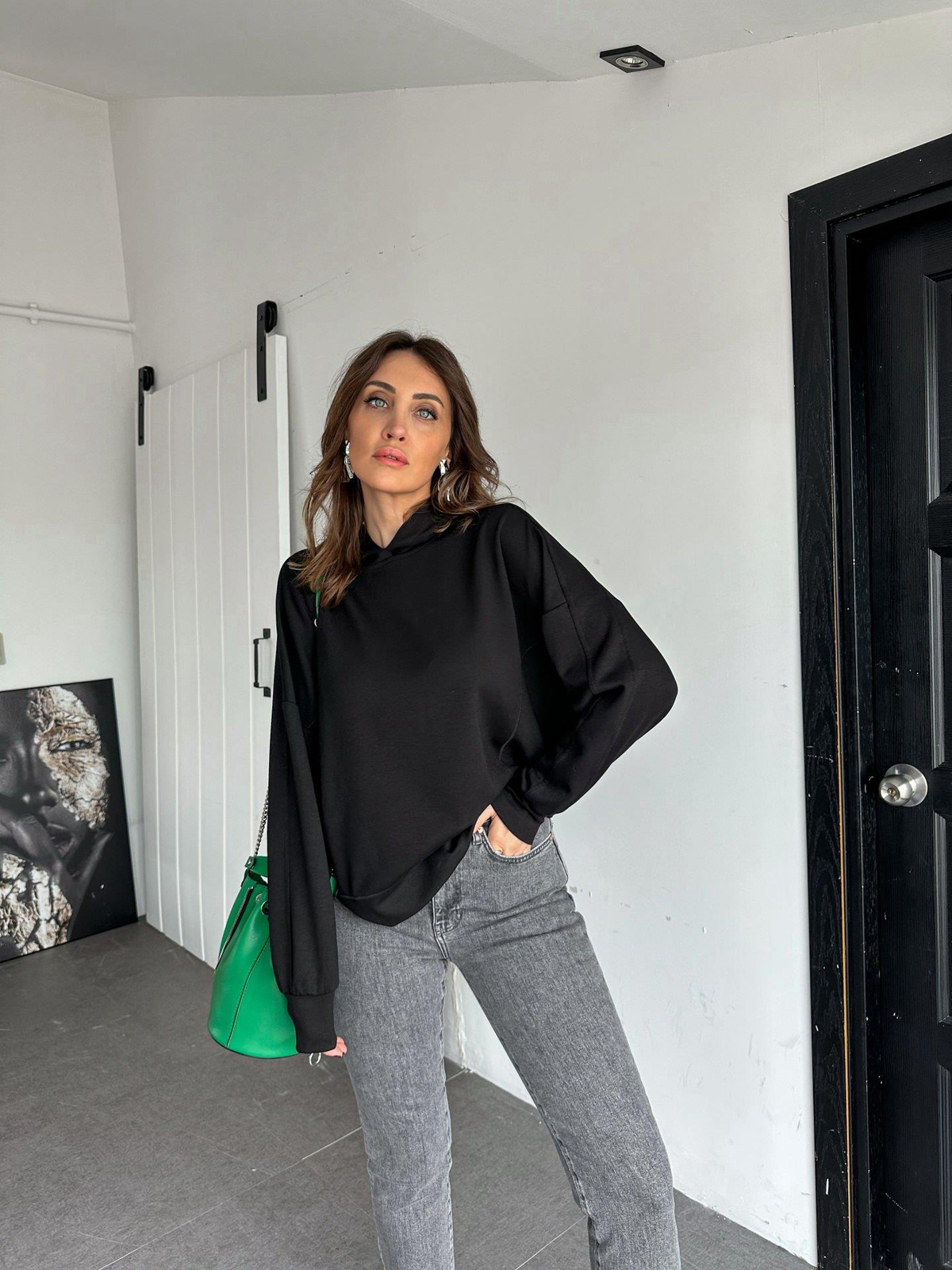 Siyah Kapşonlu Modal Sweatshirt