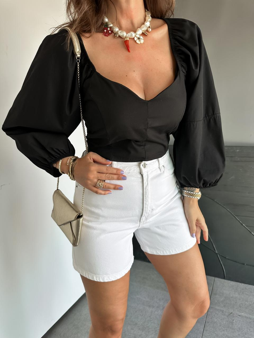 Siyah Karpuz Kol Poplin Bluz