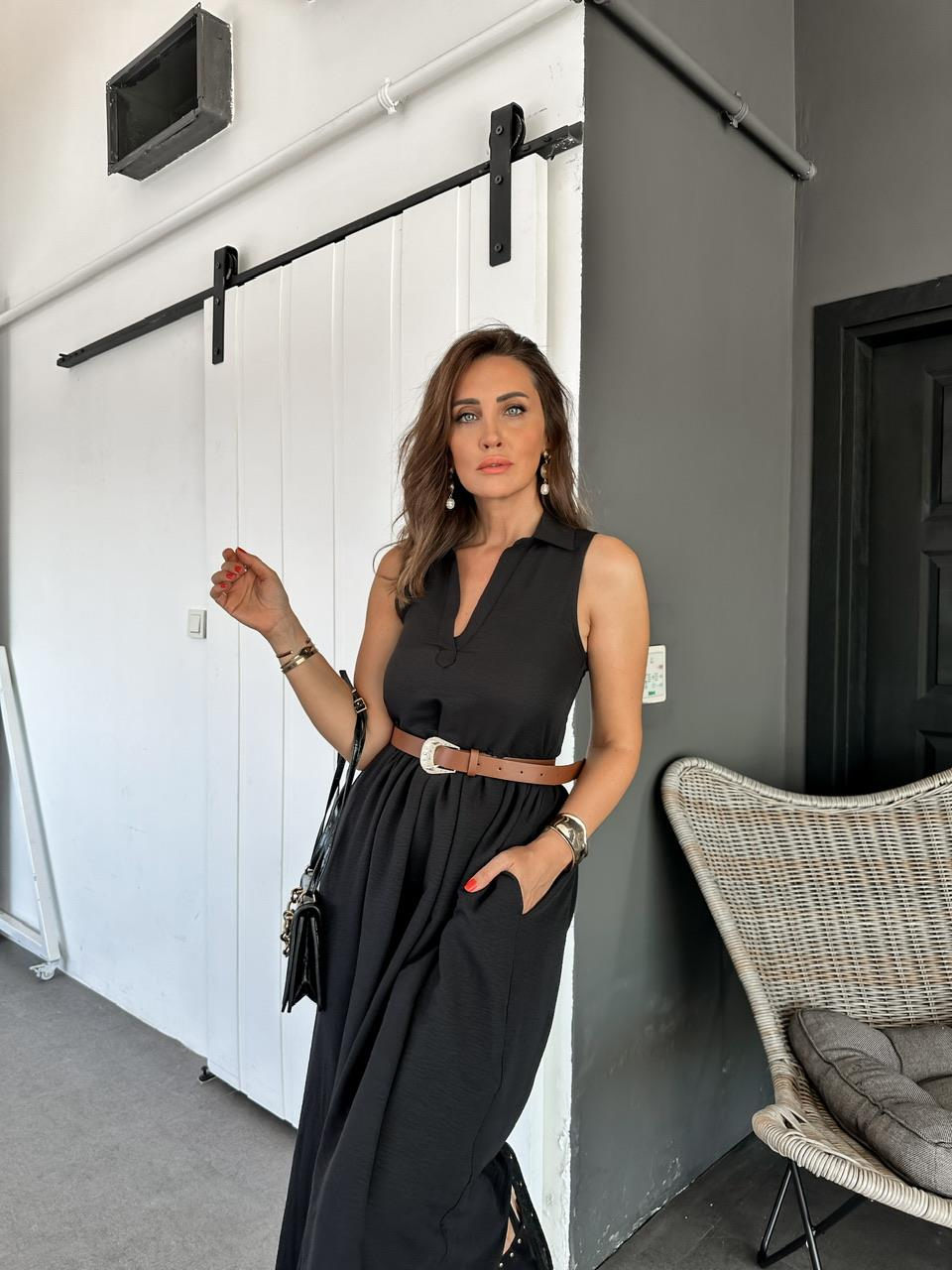 Siyah Kemer Aksesuarlı Cepli Elbise