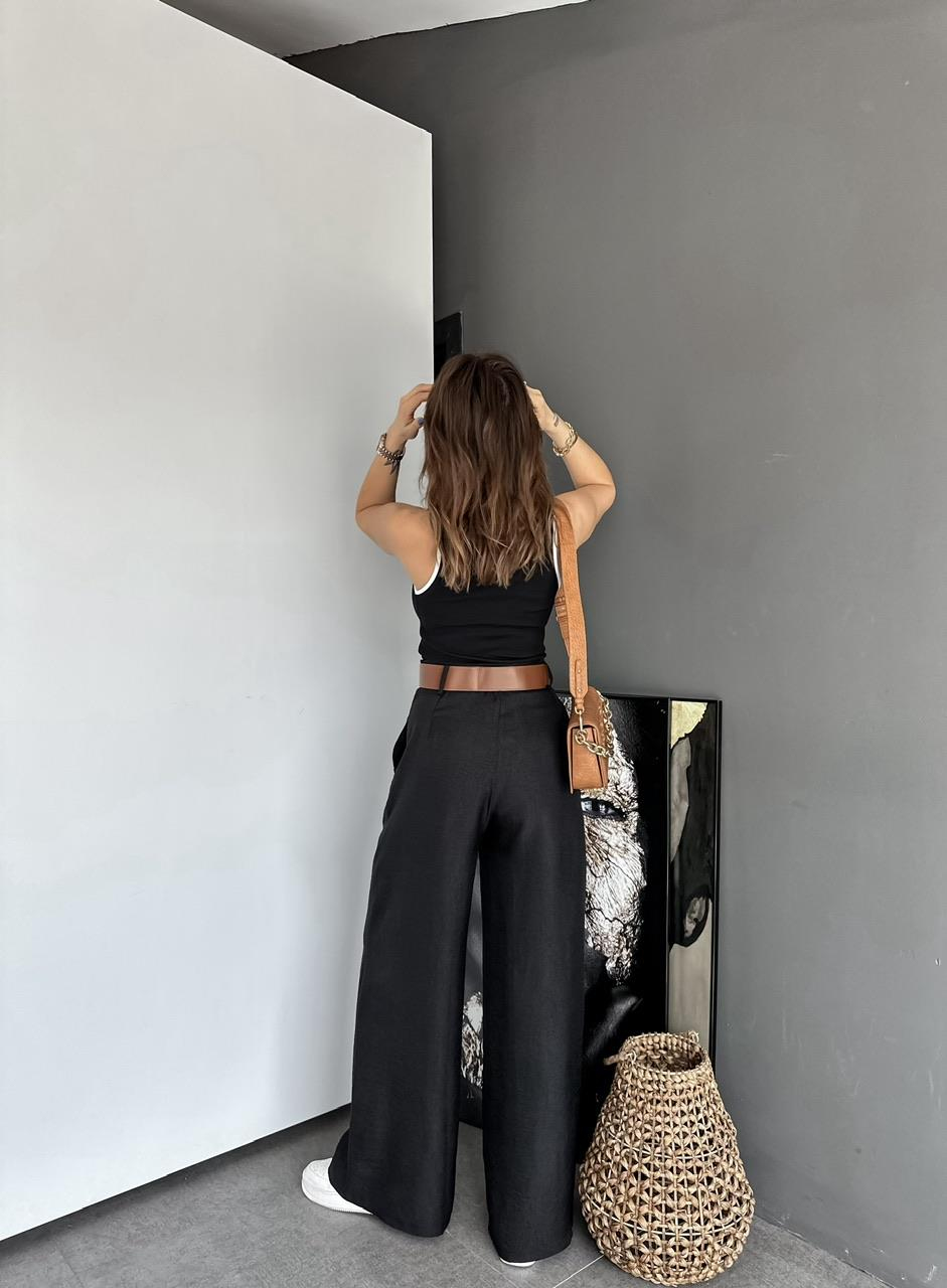 Siyah Kemerli Bol Pantolon
