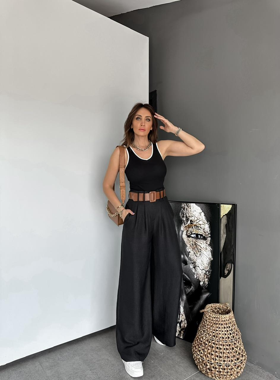 Siyah Kemerli Bol Pantolon