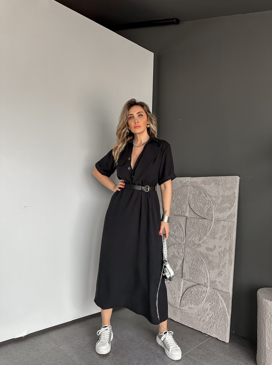 Siyah Kemerli Tek Cepli Tasarım Elbise