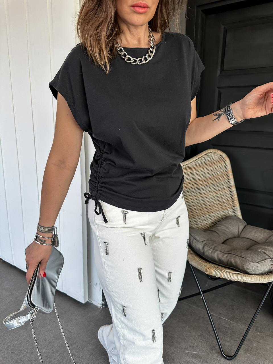 Siyah Kenarları Büzgülü Cotton Tshirt