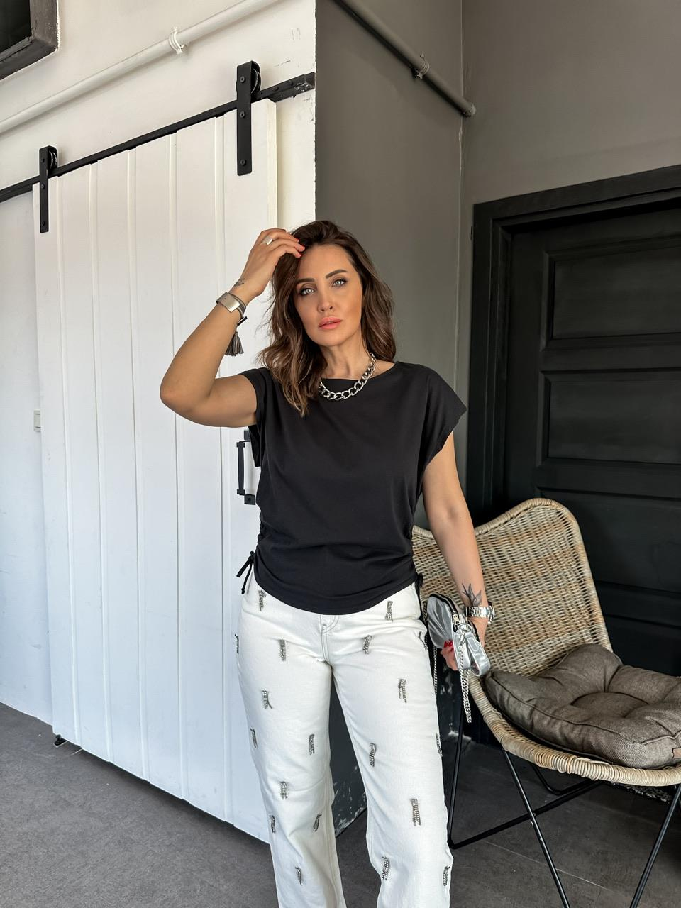 Siyah Kenarları Büzgülü Cotton Tshirt