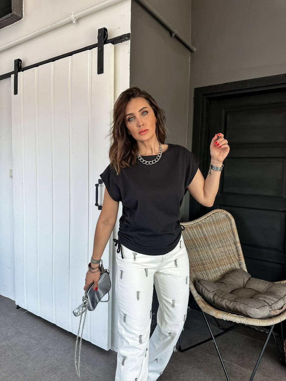 Siyah Kenarları Büzgülü Cotton Tshirt