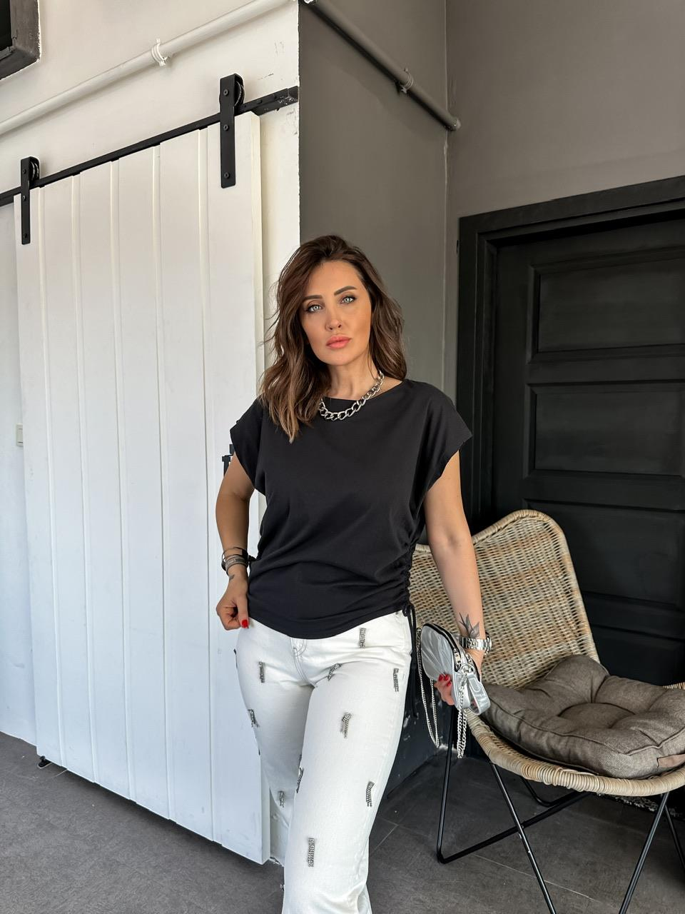 Siyah Kenarları Büzgülü Cotton Tshirt
