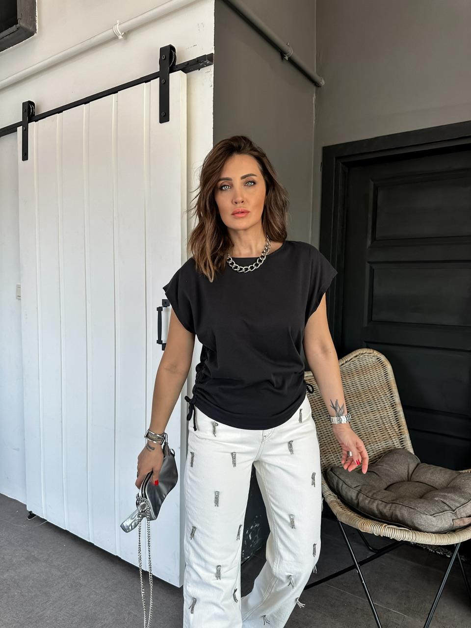 Siyah Kenarları Büzgülü Cotton Tshirt