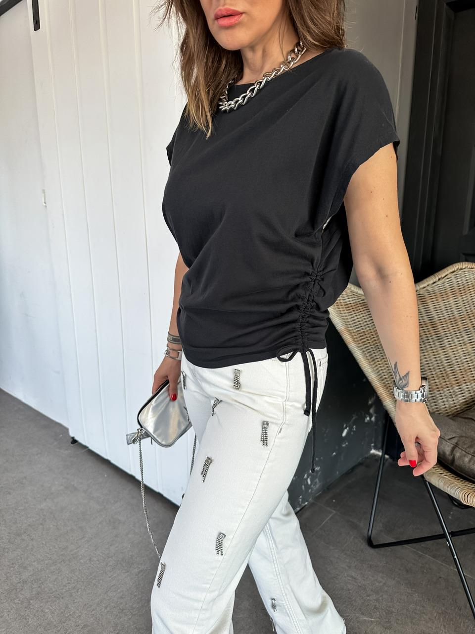 Siyah Kenarları Büzgülü Cotton Tshirt