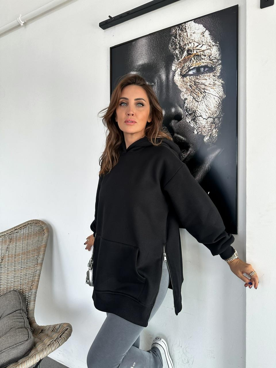 Siyah Kenarları Fermuarlı Sweatshirt