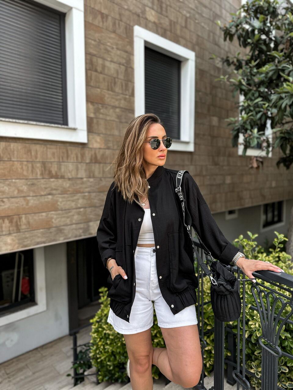 Siyah Keten Bomber Ceket