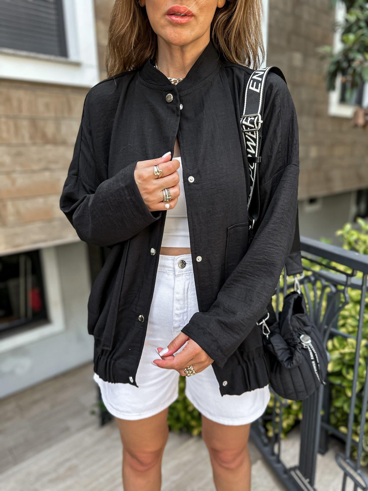 Siyah Keten Bomber Ceket