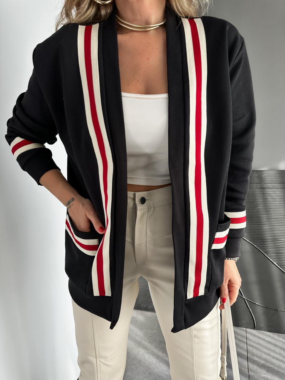 Siyah Kırmızı Şeritli Sweat Hırka