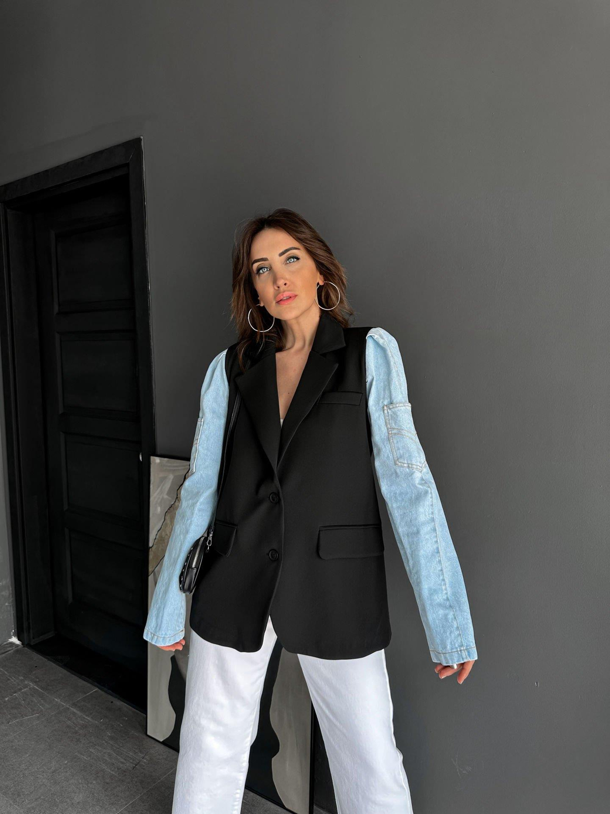 Siyah Kolları Denim Blazer Ceket