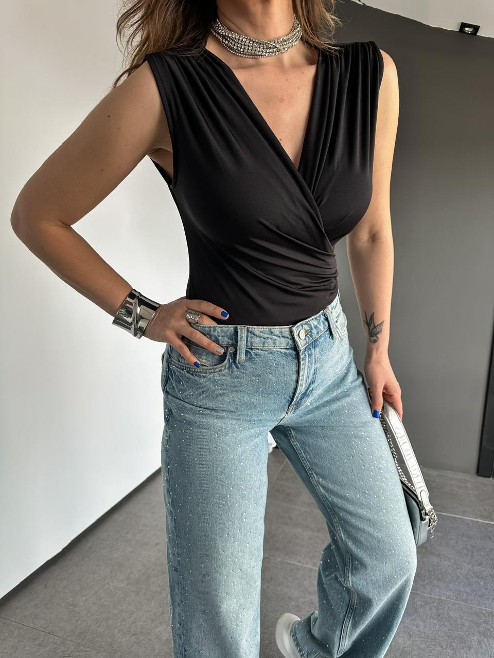 Siyah Kruvaze Likralı Bodysuit