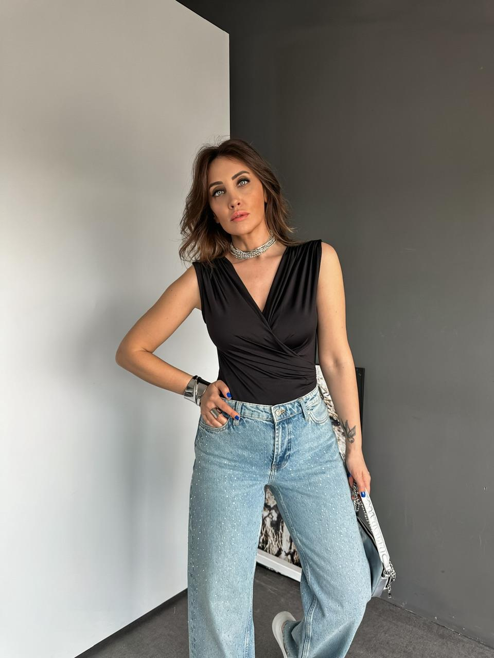 Siyah Kruvaze Likralı Bodysuit