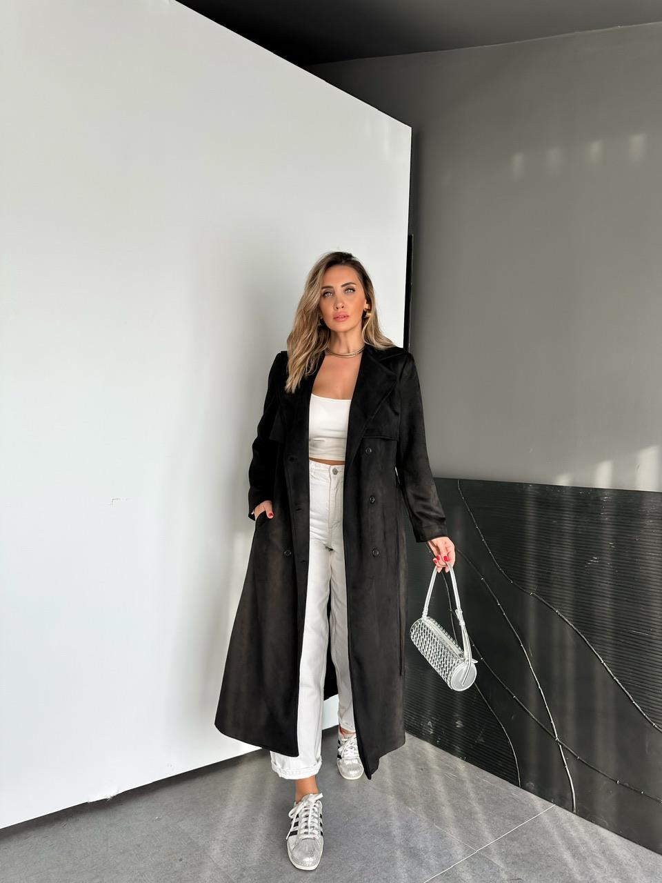 Siyah Kuşaklı Süet Soft Trençkot