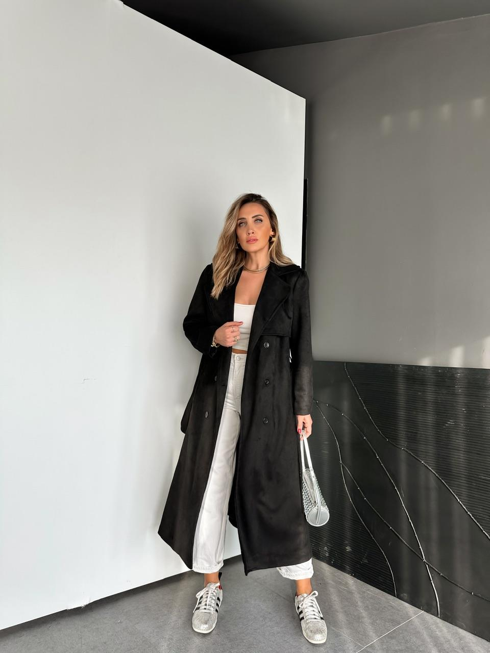 Siyah Kuşaklı Süet Soft Trençkot