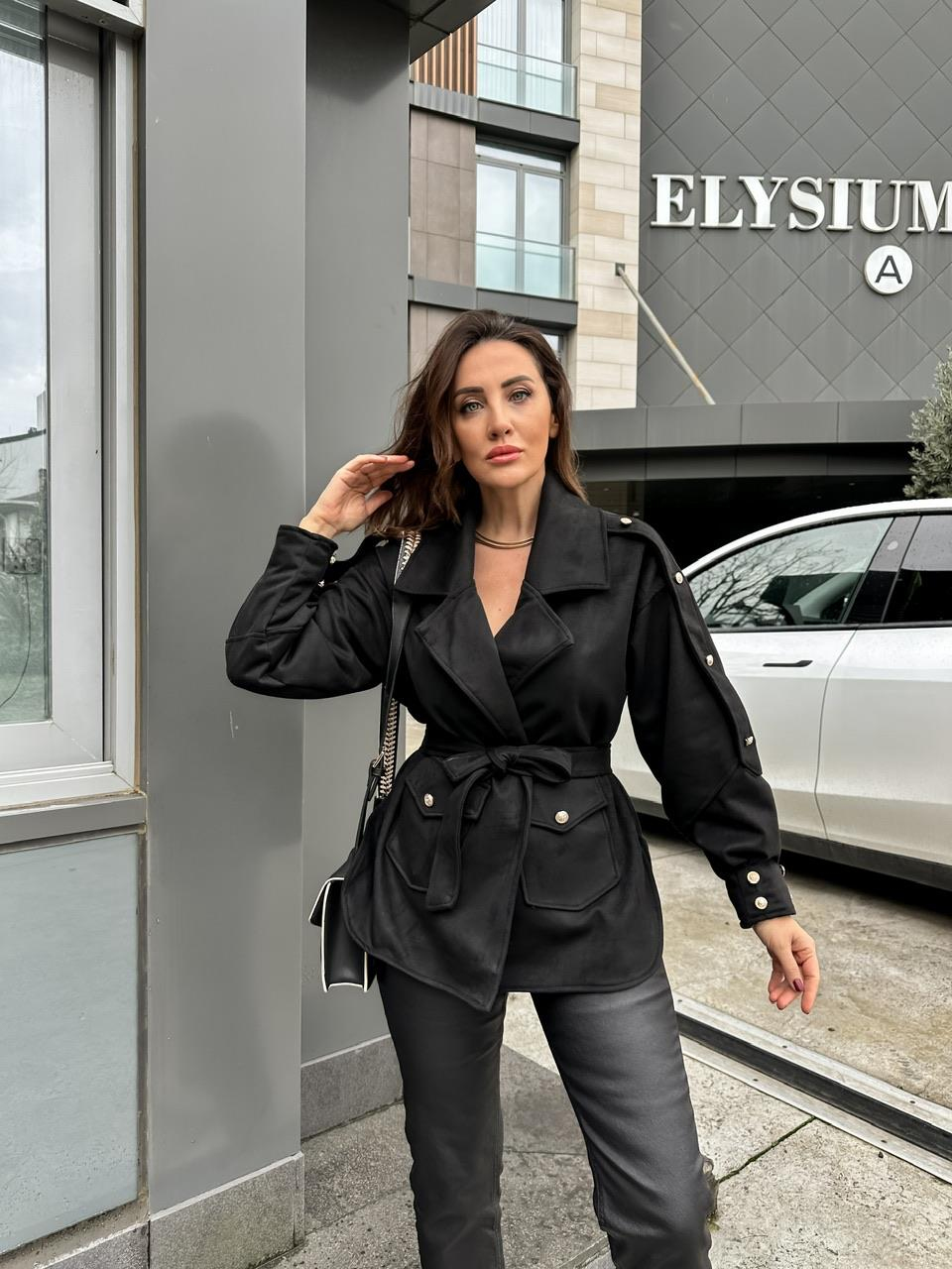 Siyah Kuşaklı Tasarım Süet Ceket