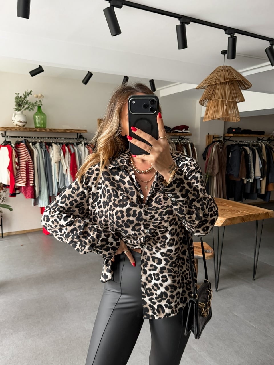 Siyah Leopar Desenli Cotton Gömlek