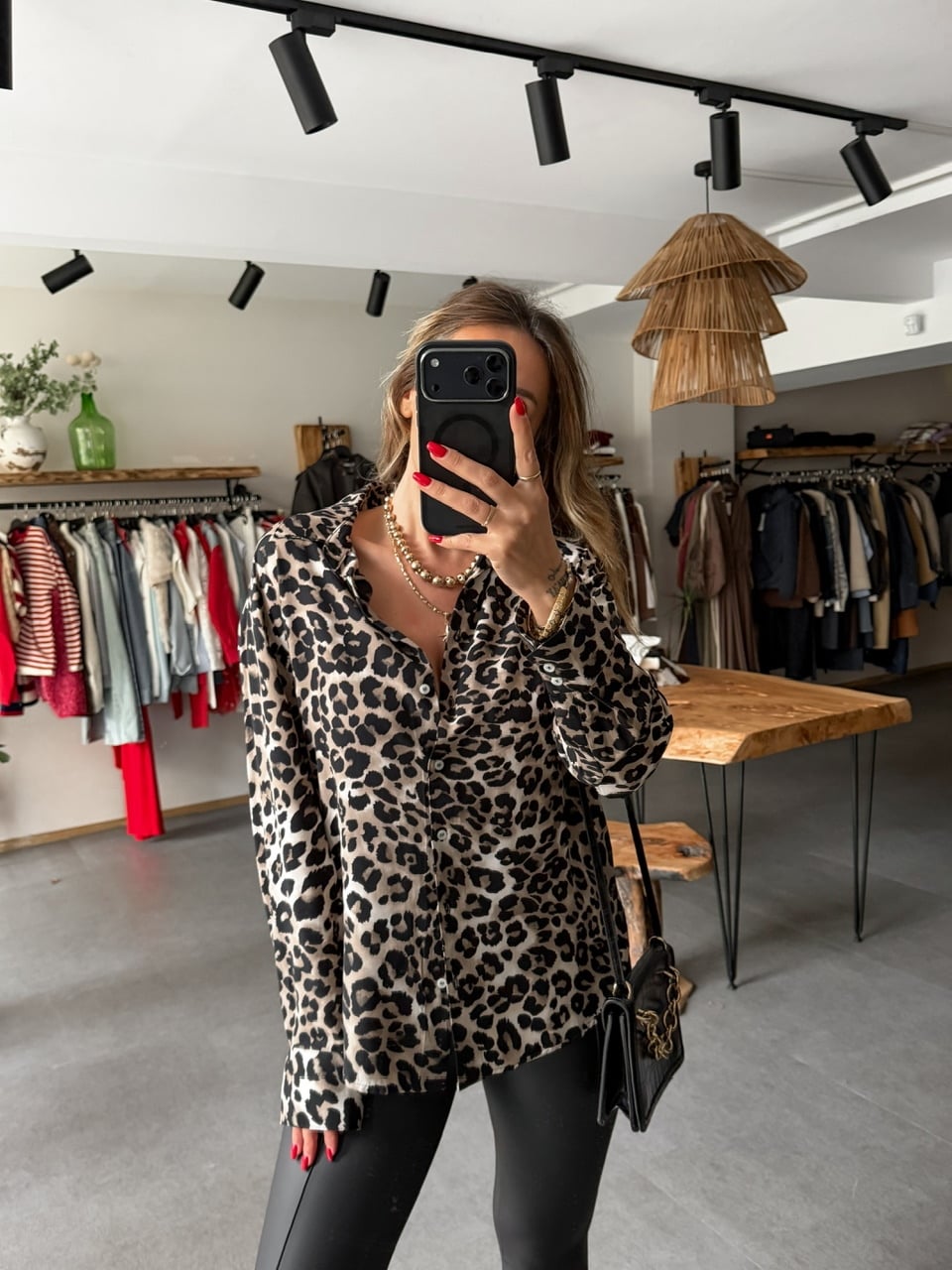 Siyah Leopar Desenli Cotton Gömlek