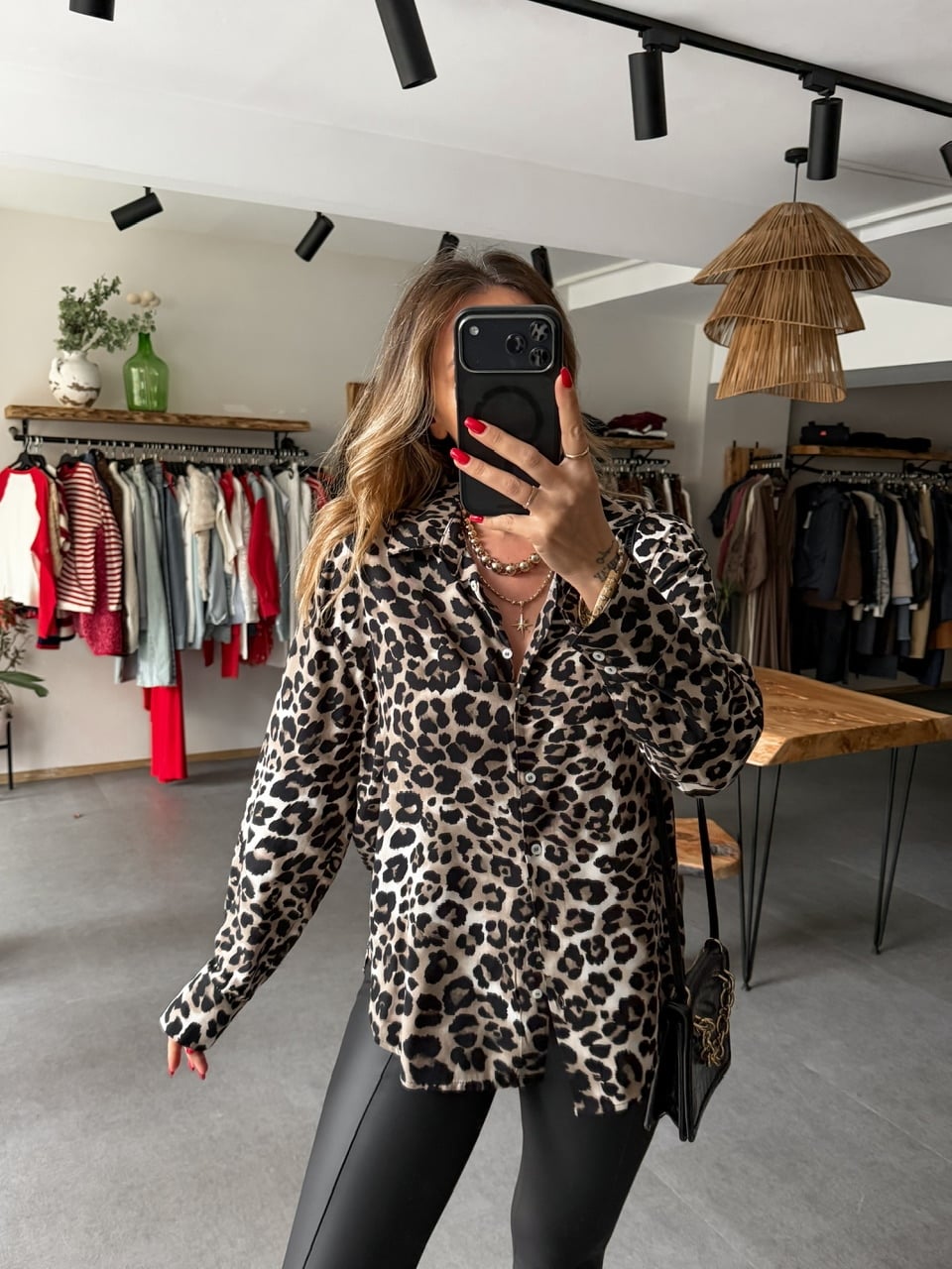 Siyah Leopar Desenli Cotton Gömlek