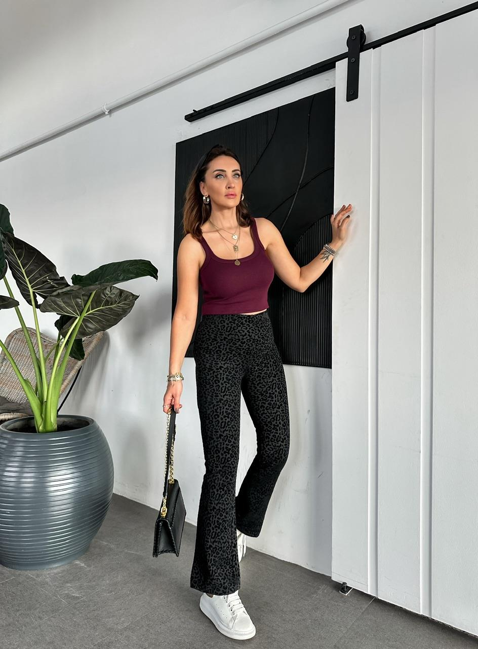 Siyah Leopar Dokulu Likralı Pantolon