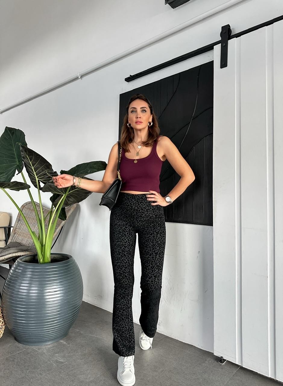 Siyah Leopar Dokulu Likralı Pantolon