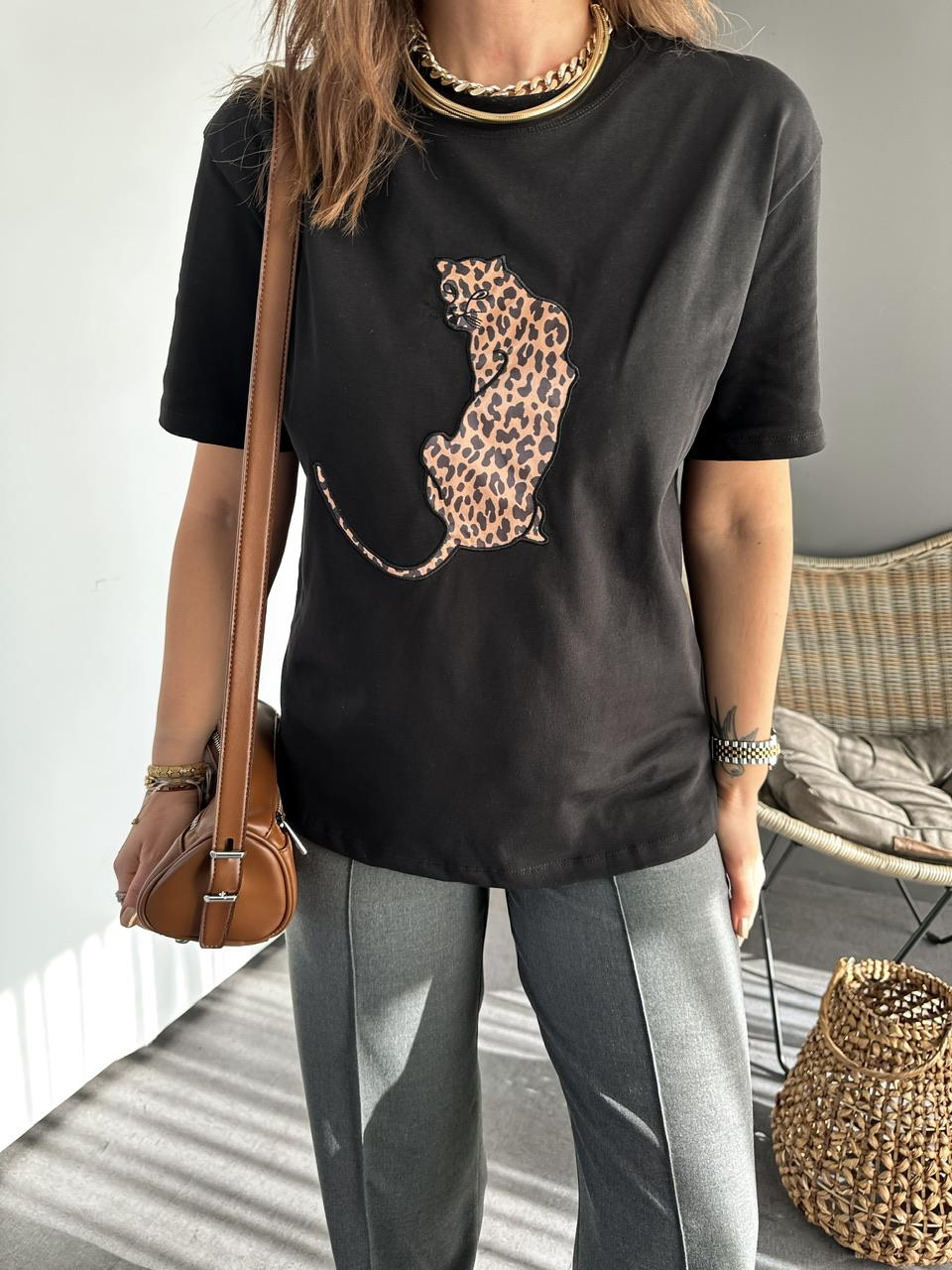Siyah  Leopar Figürlü Cotton Tshirt