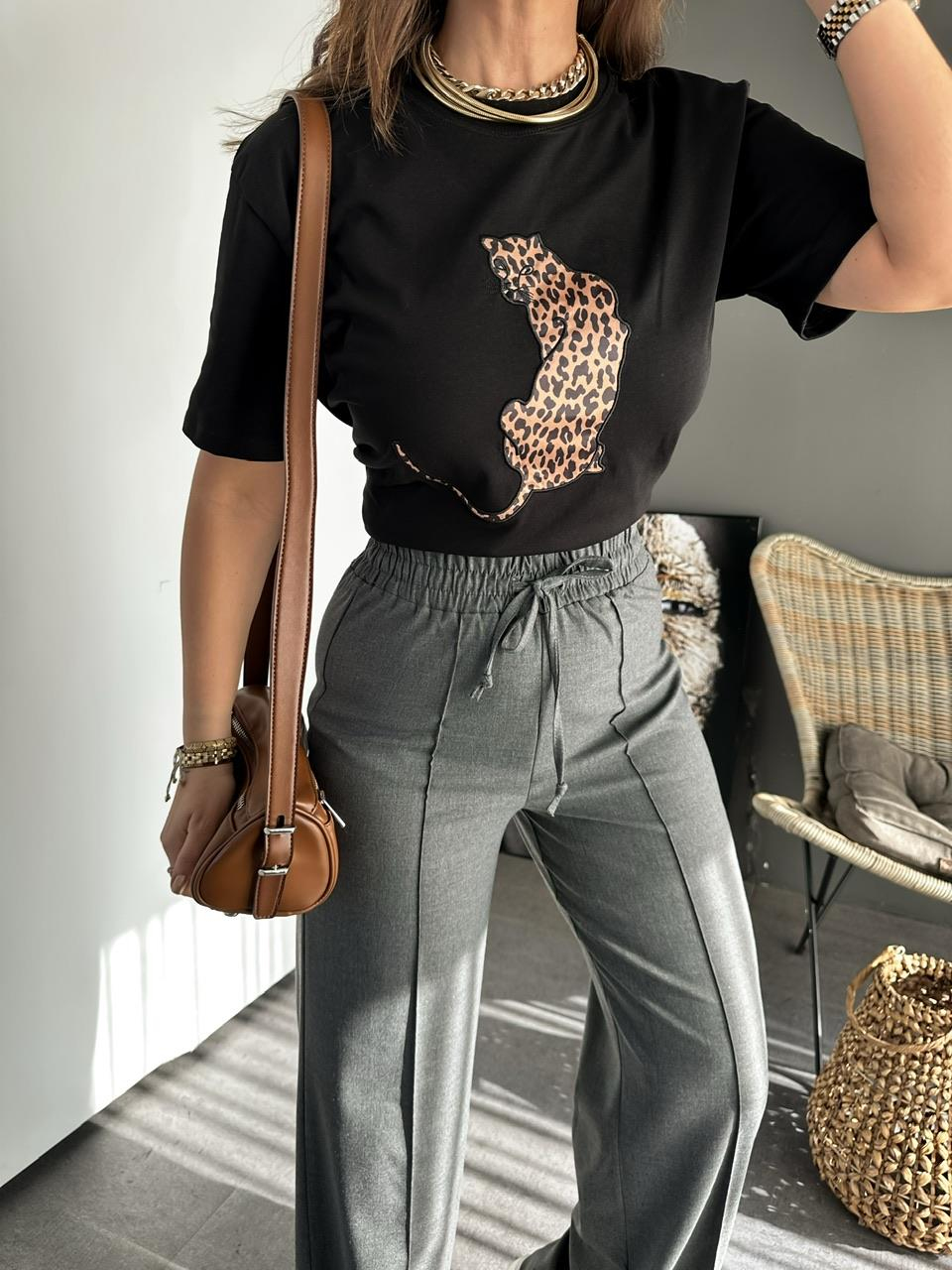Siyah  Leopar Figürlü Cotton Tshirt