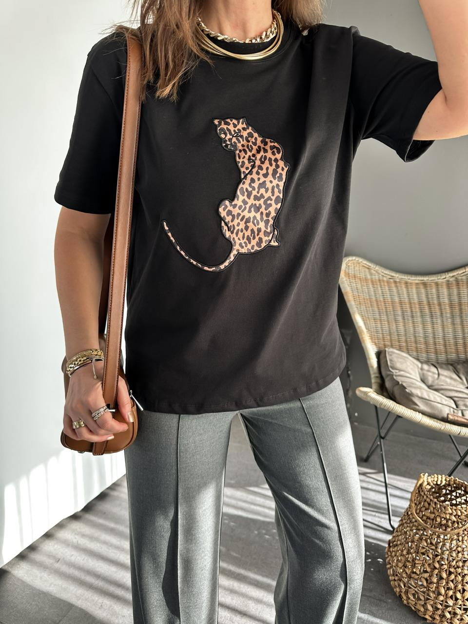 Siyah  Leopar Figürlü Cotton Tshirt