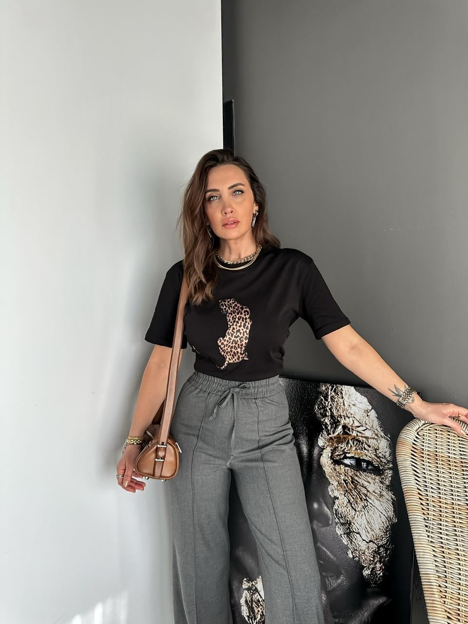 Siyah  Leopar Figürlü Cotton Tshirt