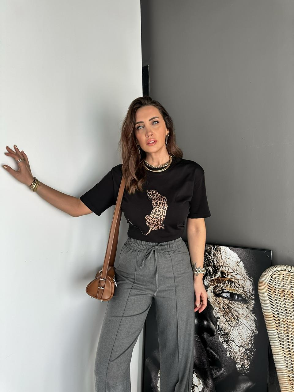 Siyah  Leopar Figürlü Cotton Tshirt