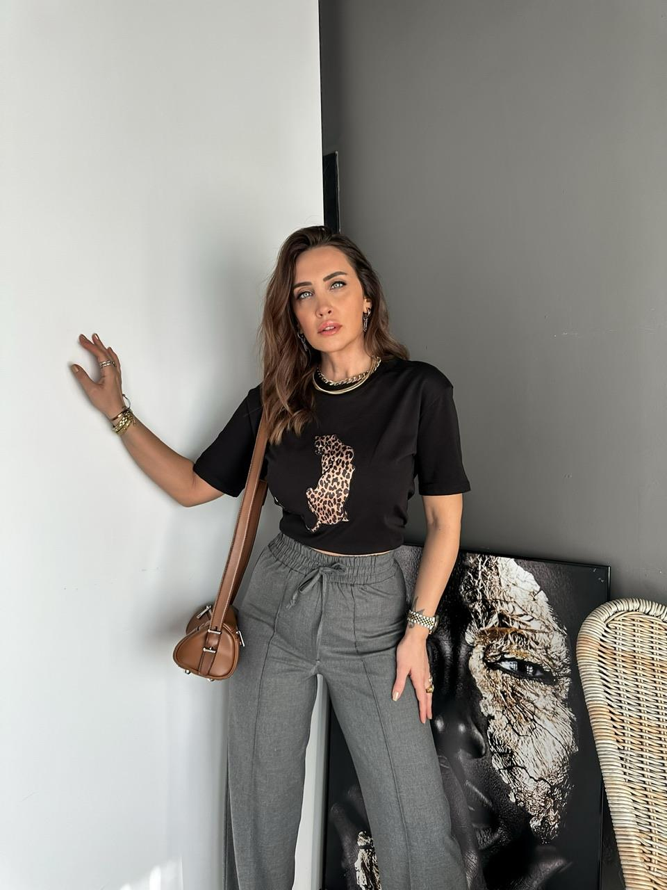 Siyah  Leopar Figürlü Cotton Tshirt