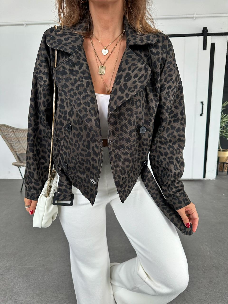 Siyah Leopar Gabardin Ceket