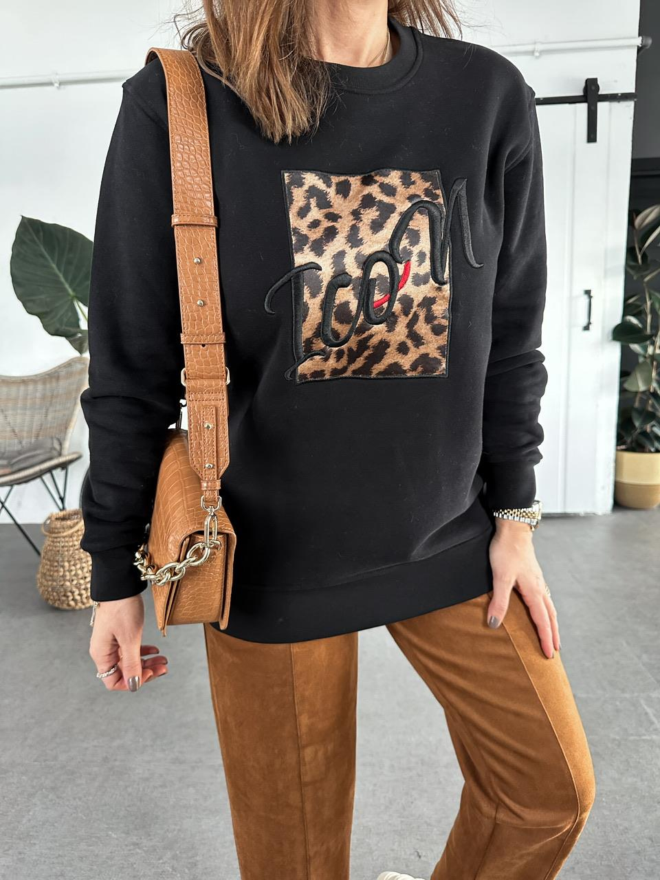 Siyah Leopar Parçalı Uzun Sweatshirt
