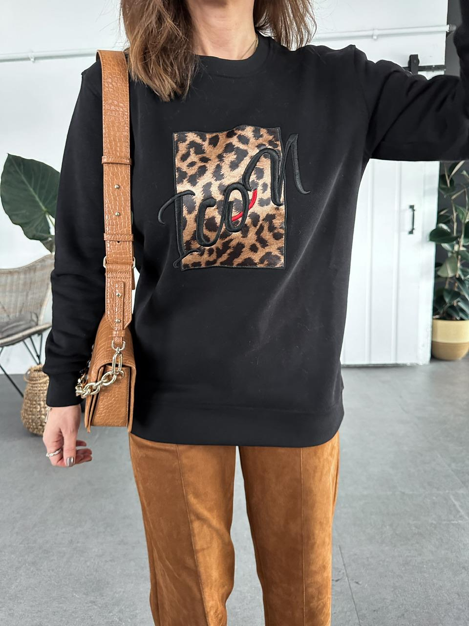 Siyah Leopar Parçalı Uzun Sweatshirt