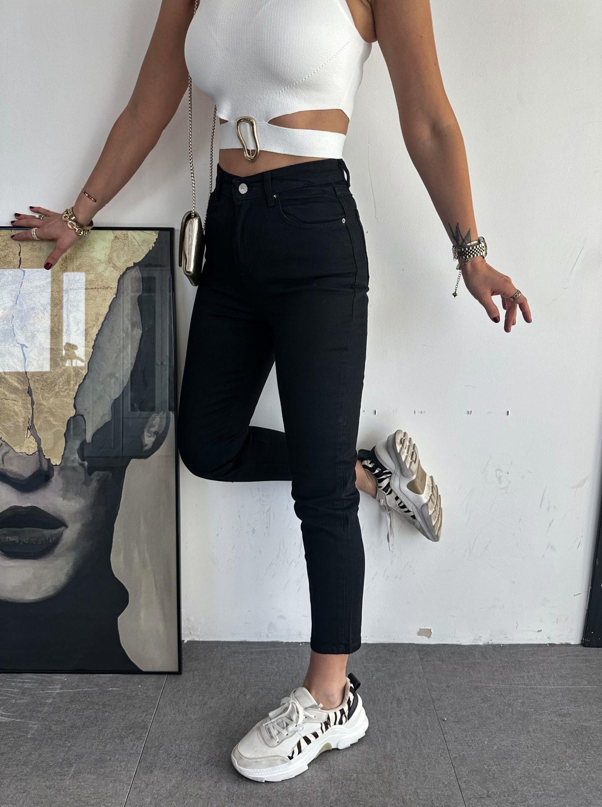 Siyah Likralı Mom jean
