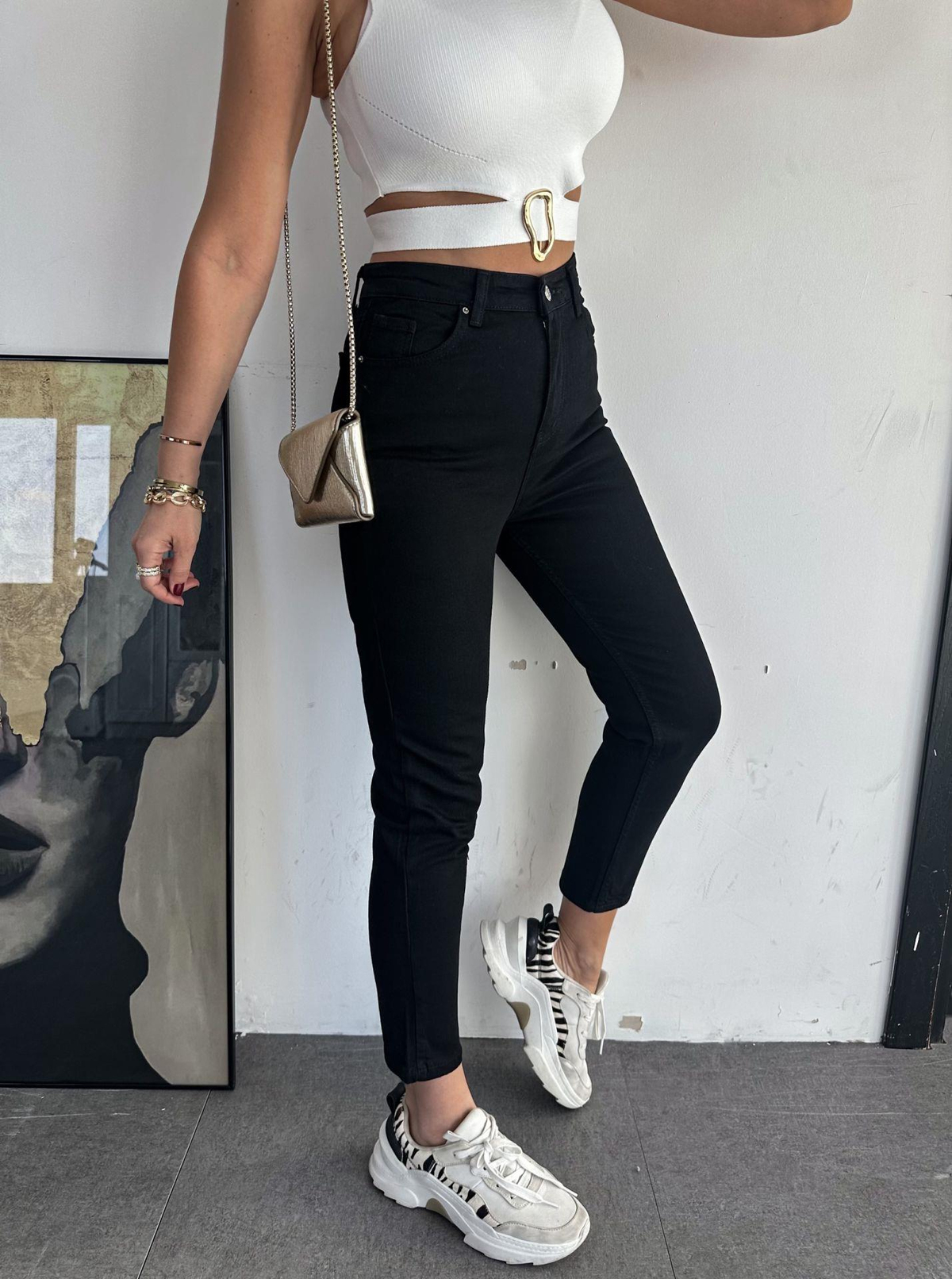 Siyah Likralı Mom jean