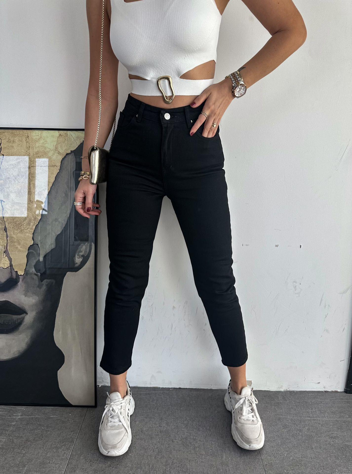 Siyah Likralı Mom jean