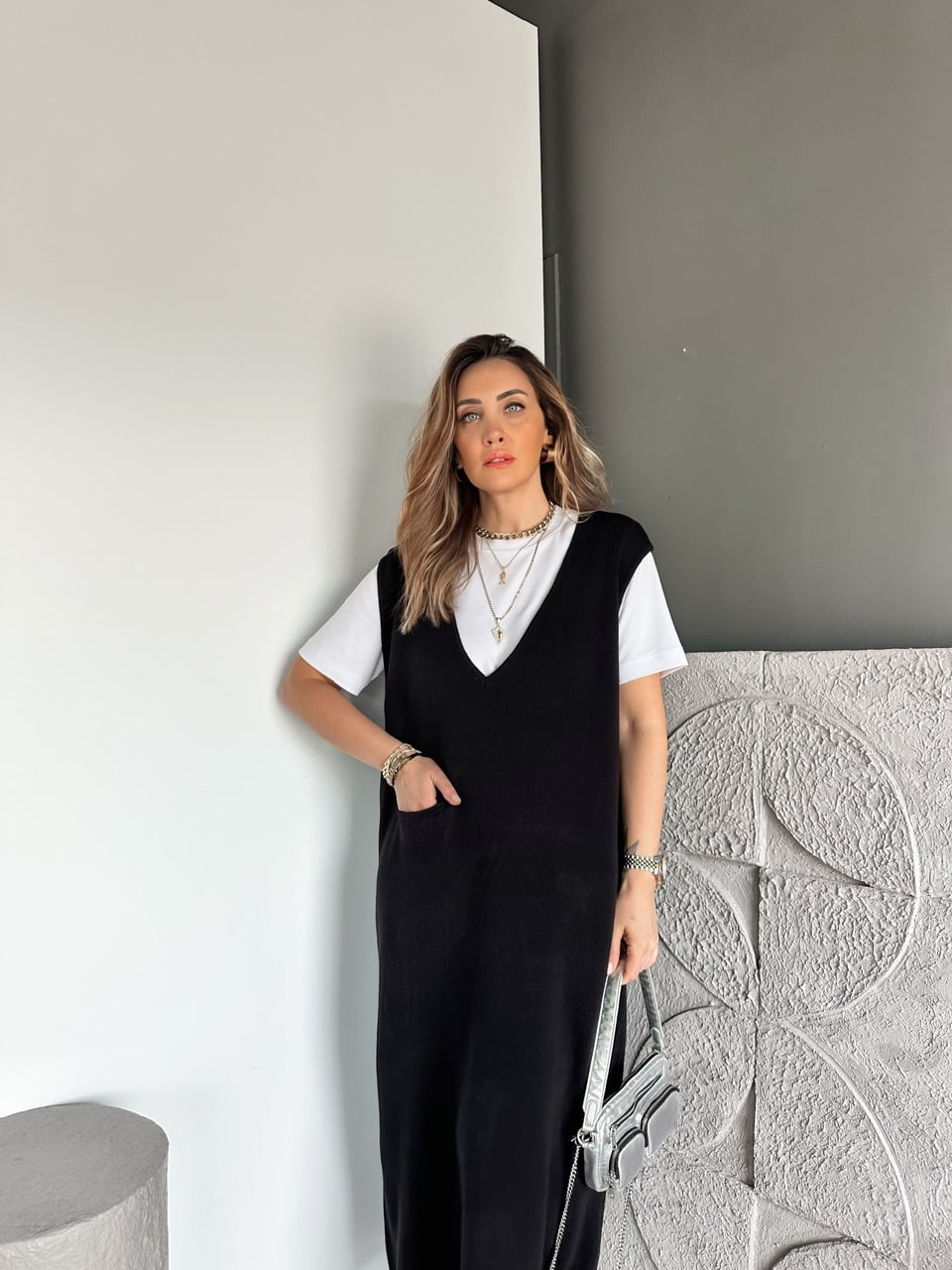 Siyah Marka Model Cepli Triko Elbise