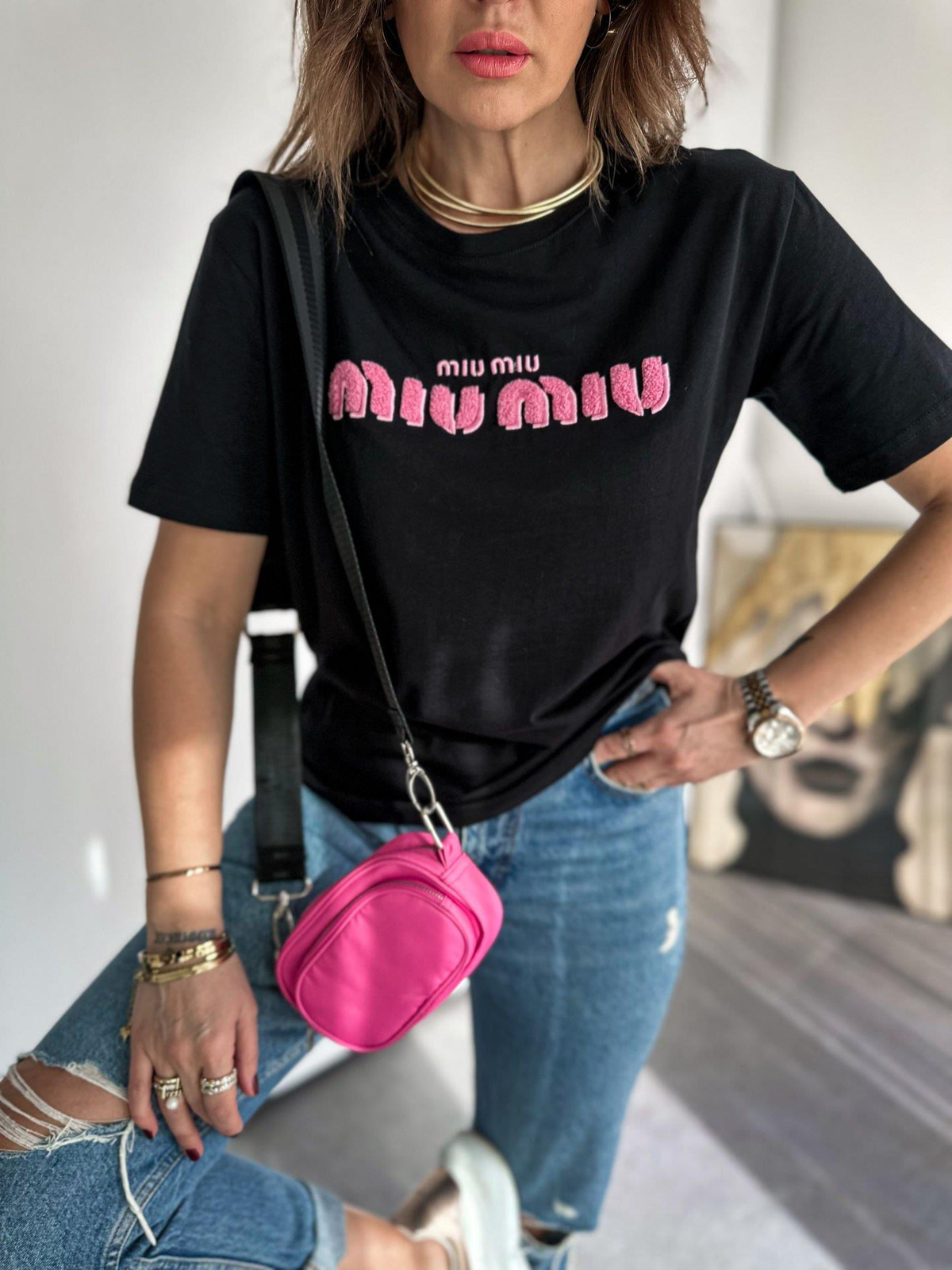 Siyah Miu Kabartma Yazılı Tshirt