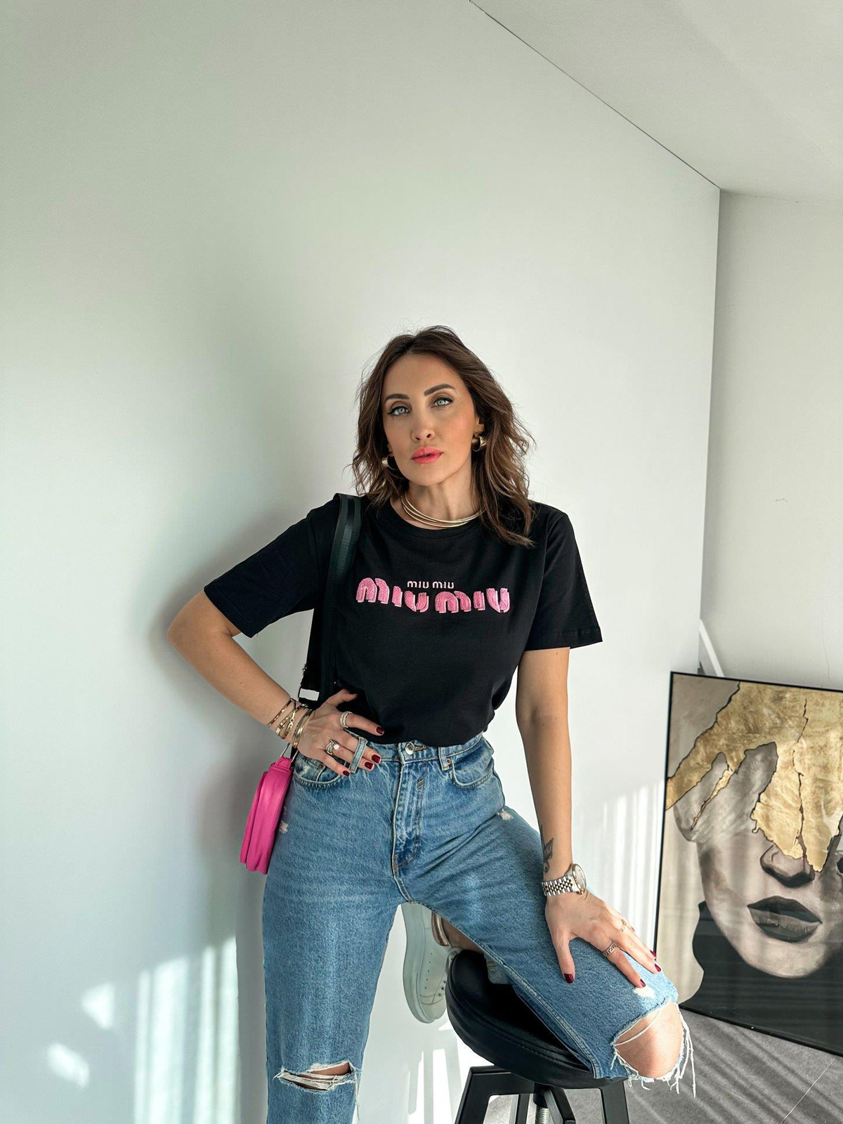 Siyah Miu Kabartma Yazılı Tshirt