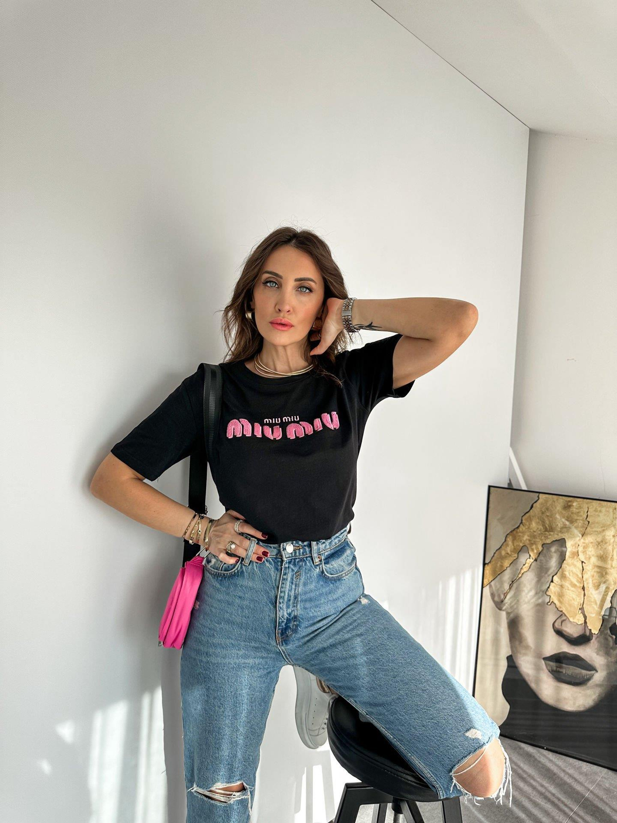 Siyah Miu Kabartma Yazılı Tshirt