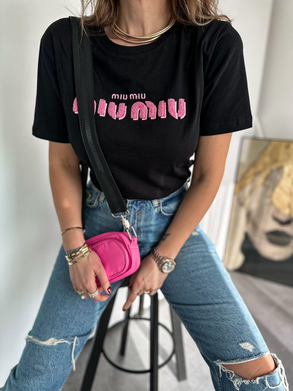 Siyah Miu Kabartma Yazılı Tshirt