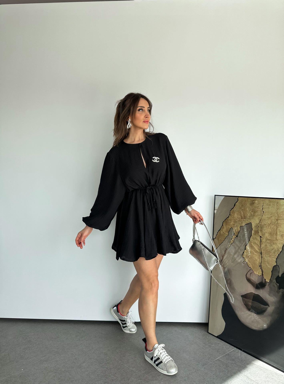 Siyah Müslin Beli İpli Volanlı Elbise