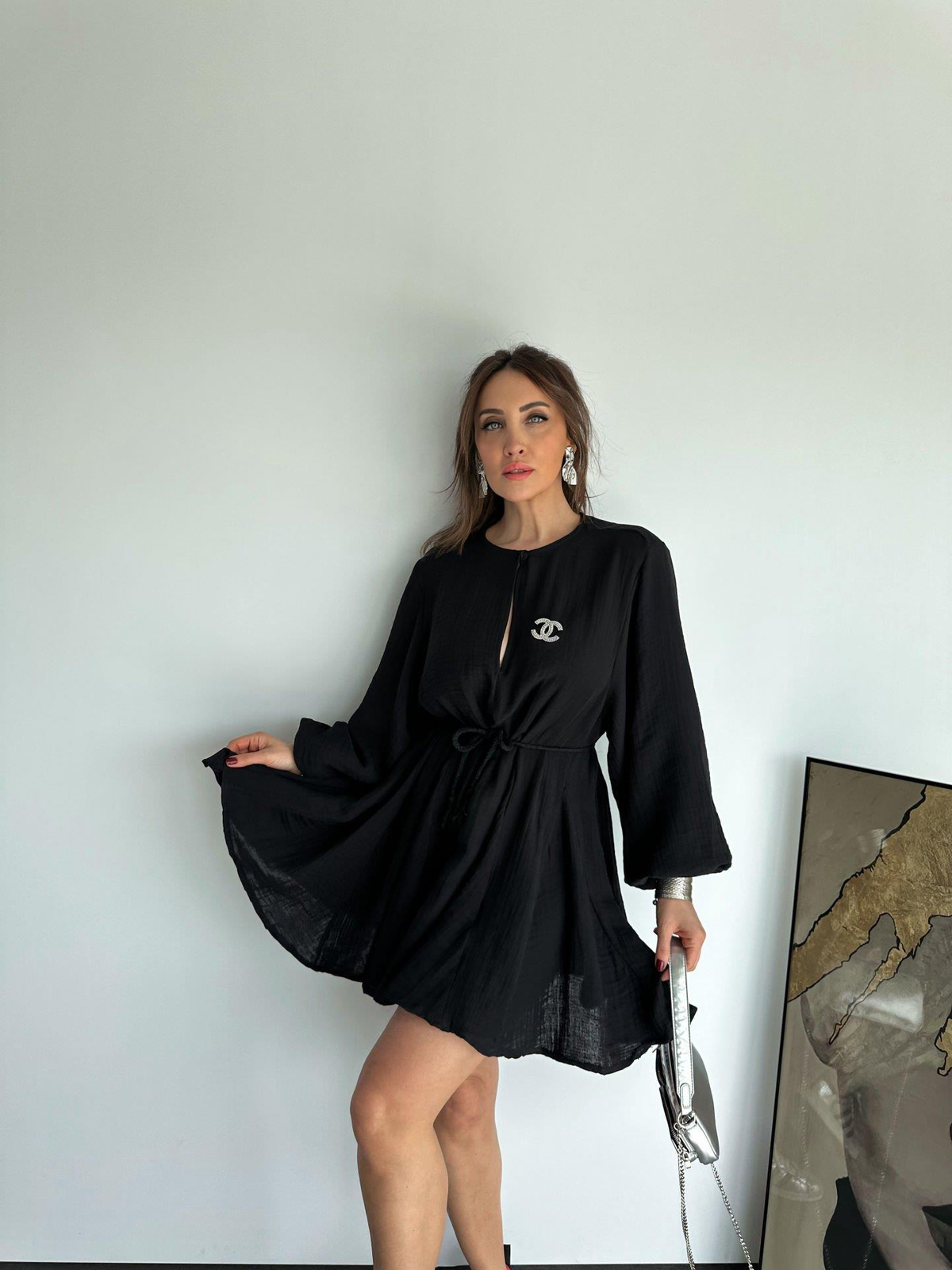Siyah Müslin Beli İpli Volanlı Elbise