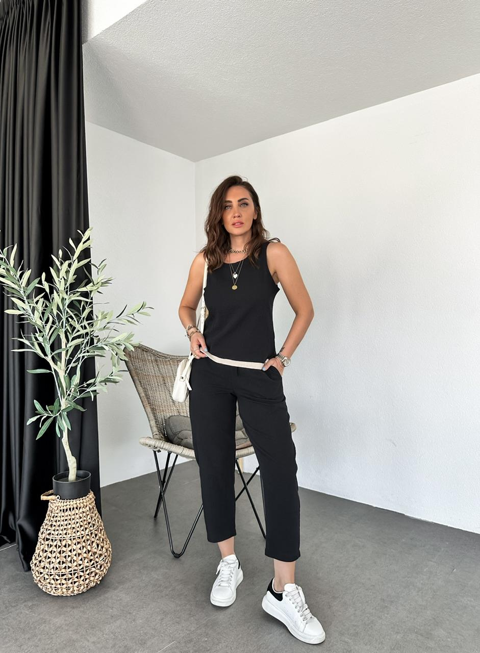 Siyah Naturel Bluz Pantolon Takım