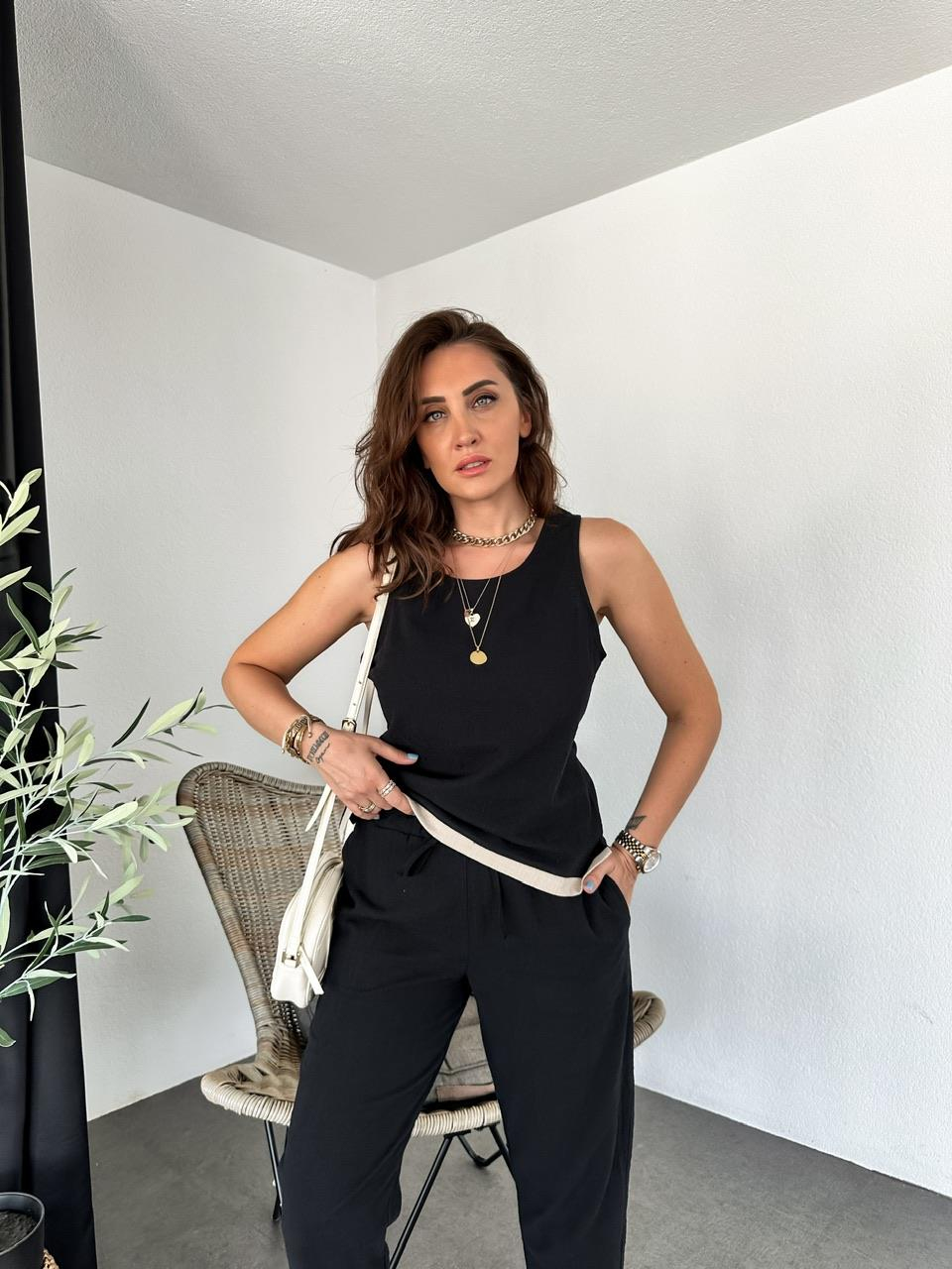 Siyah Naturel Bluz Pantolon Takım