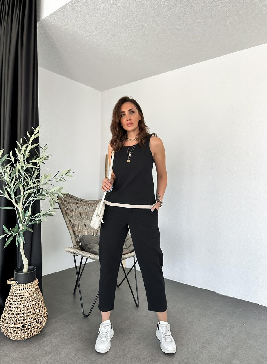 Siyah Naturel Bluz Pantolon Takım