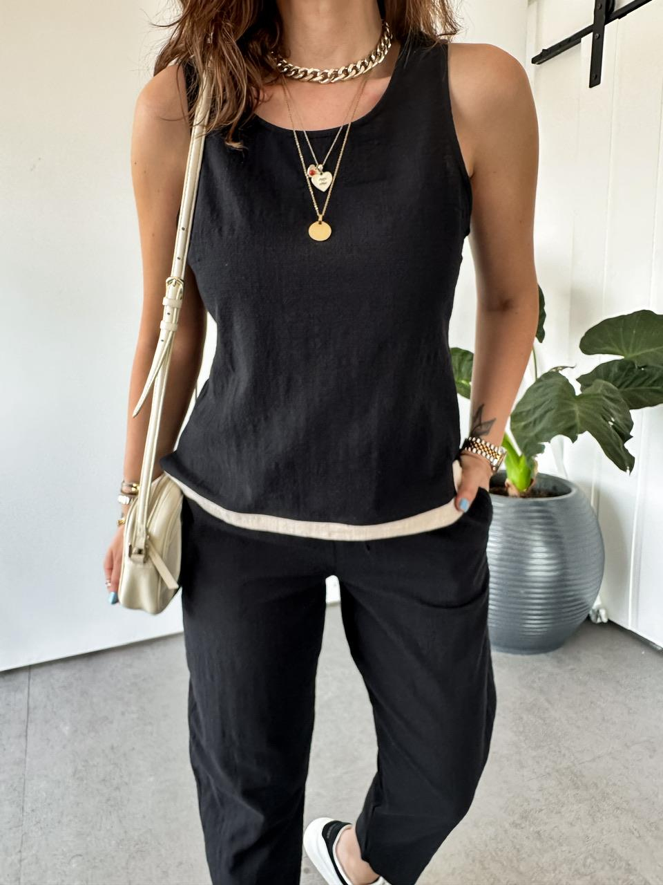 Siyah Naturel Bluz Pantolon Takım